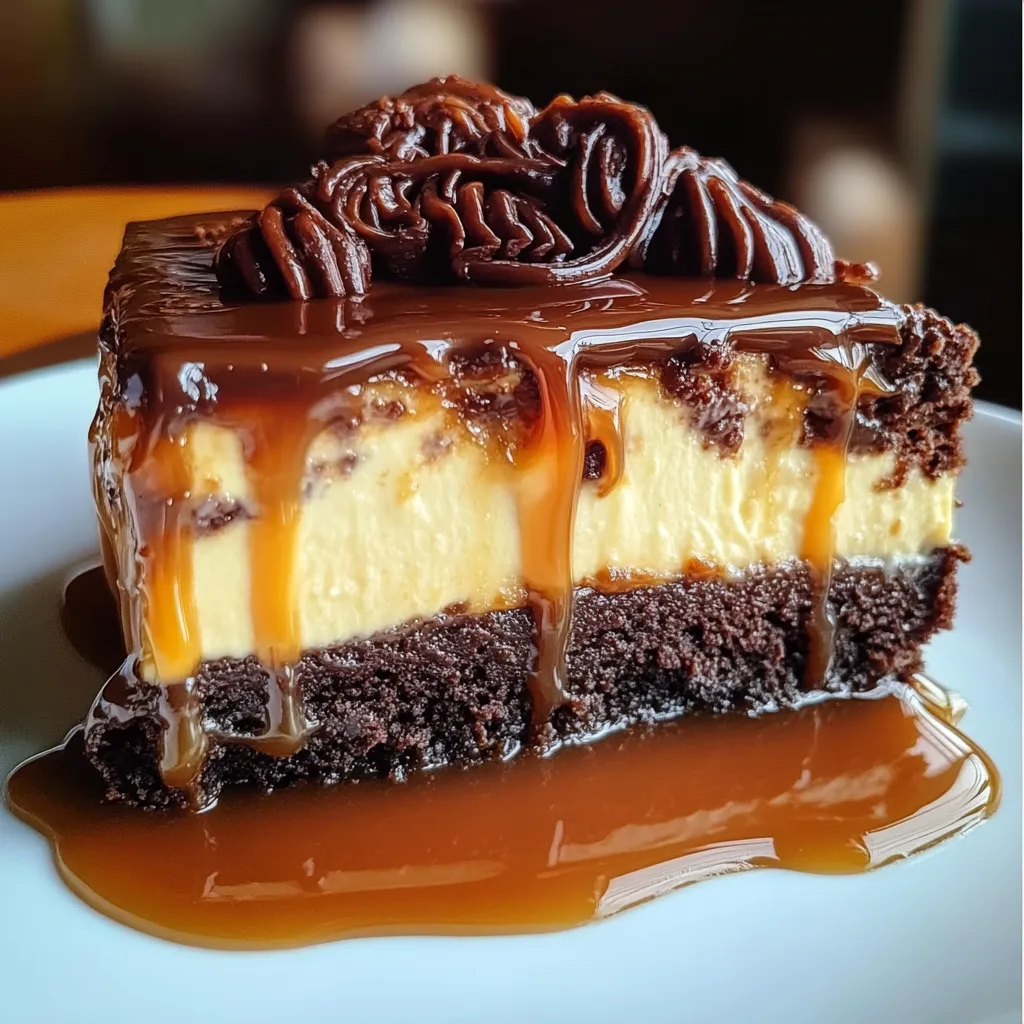 Triple layer dessert featuring chocolate brownie base, vanilla cheesecake and rich caramel sauce pooling on plate