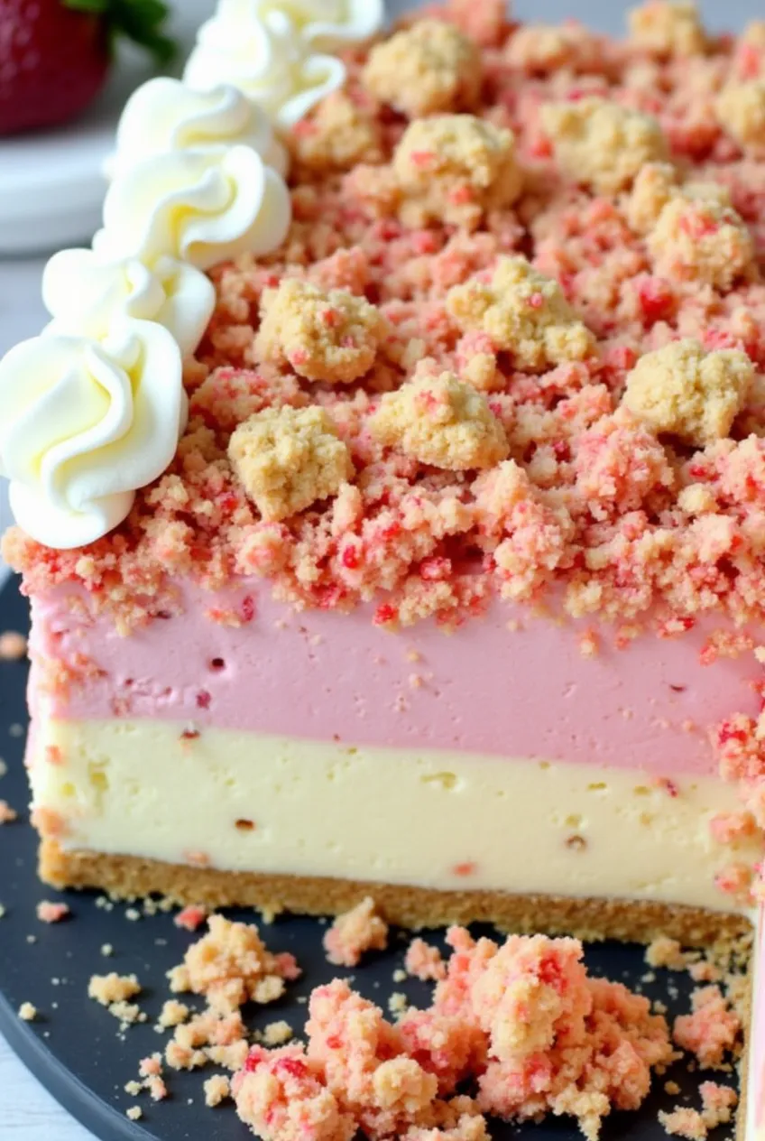 Creamy two-layer dessert featuring pink strawberry mousse and vanilla cheesecake with cookie pieces