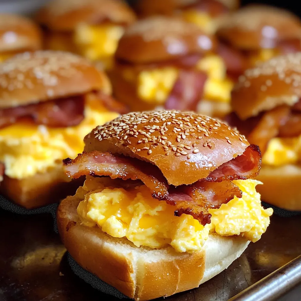 Homemade breakfast sliders with glossy sesame seed buns stuffed with bacon, eggs, and cheese perfect for brunch