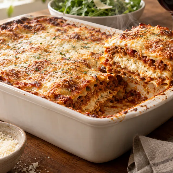 Overhead of a sliced lasagna on a rustic table with a salad on the side