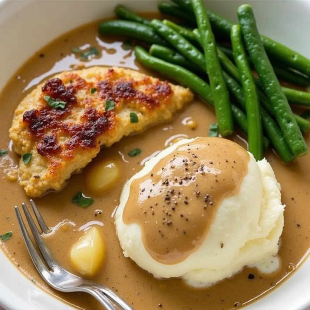 Homestyle comfort meal featuring perfectly cooked chicken, velvety mashed potatoes smothered in rich gravy, alongside bright green beans