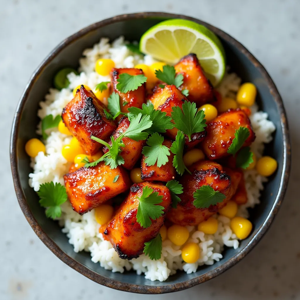 Mexican-inspired chicken bowl with charred corn, fresh herbs and lime over white rice