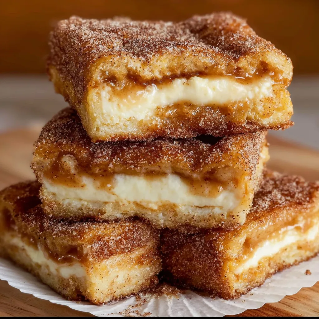 Layered churro cheesecake dessert with crispy exterior and smooth cream cheese center