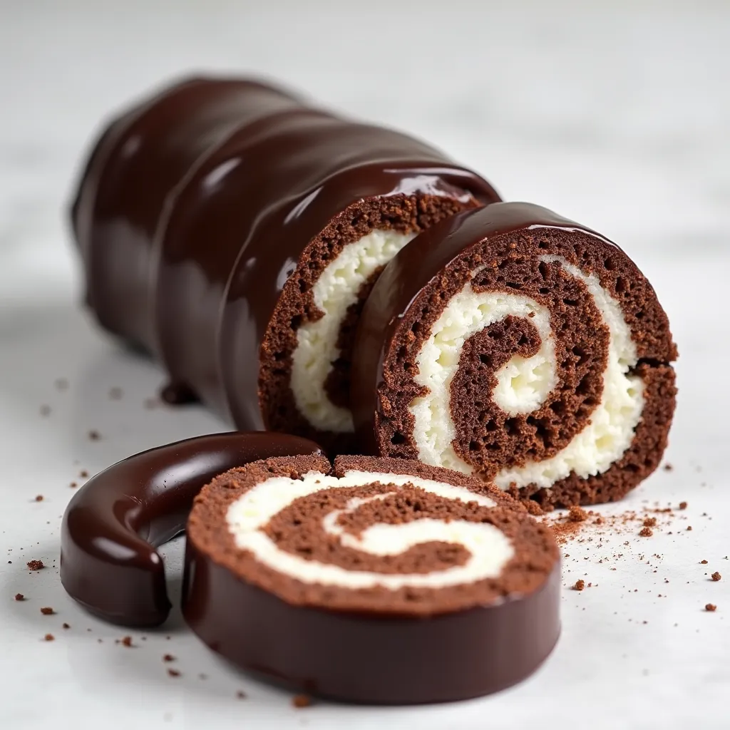Decadent chocolate swiss roll cake with creamy vanilla filling and chocolate ganache coating
