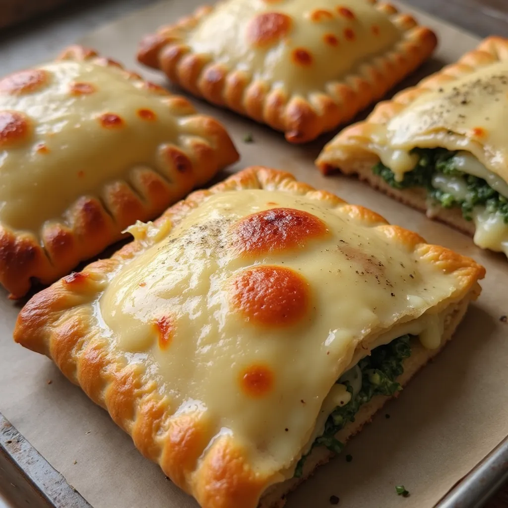 Homemade spinach and cheese hand pies with crispy edges and gooey filling