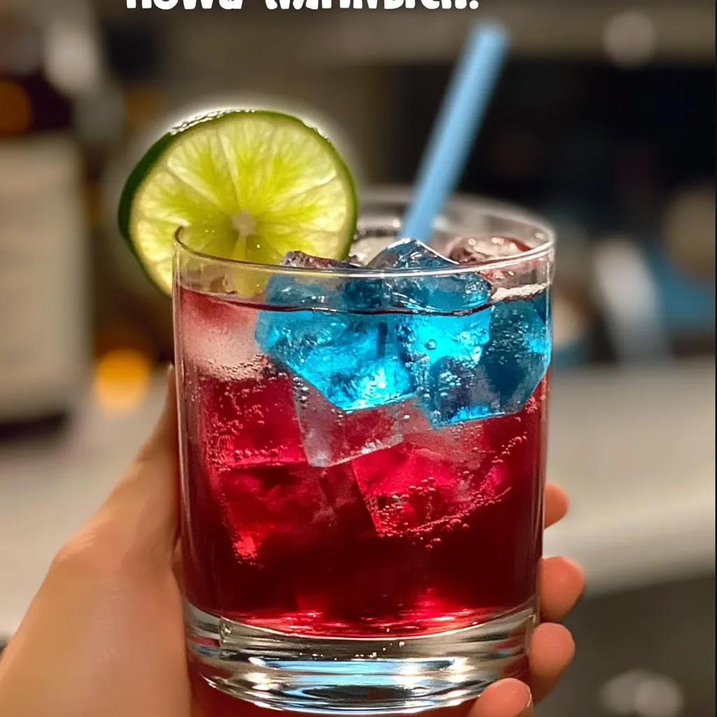 Vibrant red and blue layered drink with ice cubes and fresh lime garnish in rocks glass