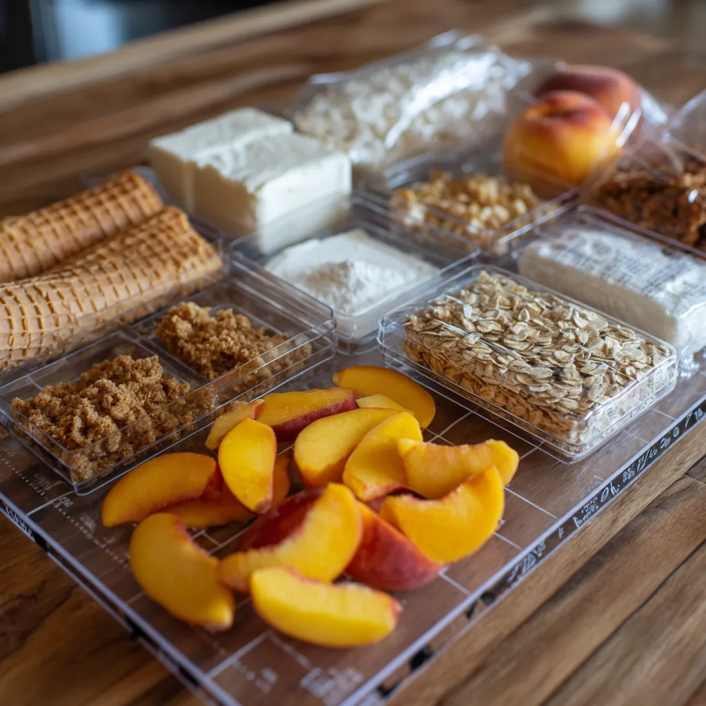 Organized peach cobbler cheesecake cone ingredients displayed in transparent compartmented tray ready for baking