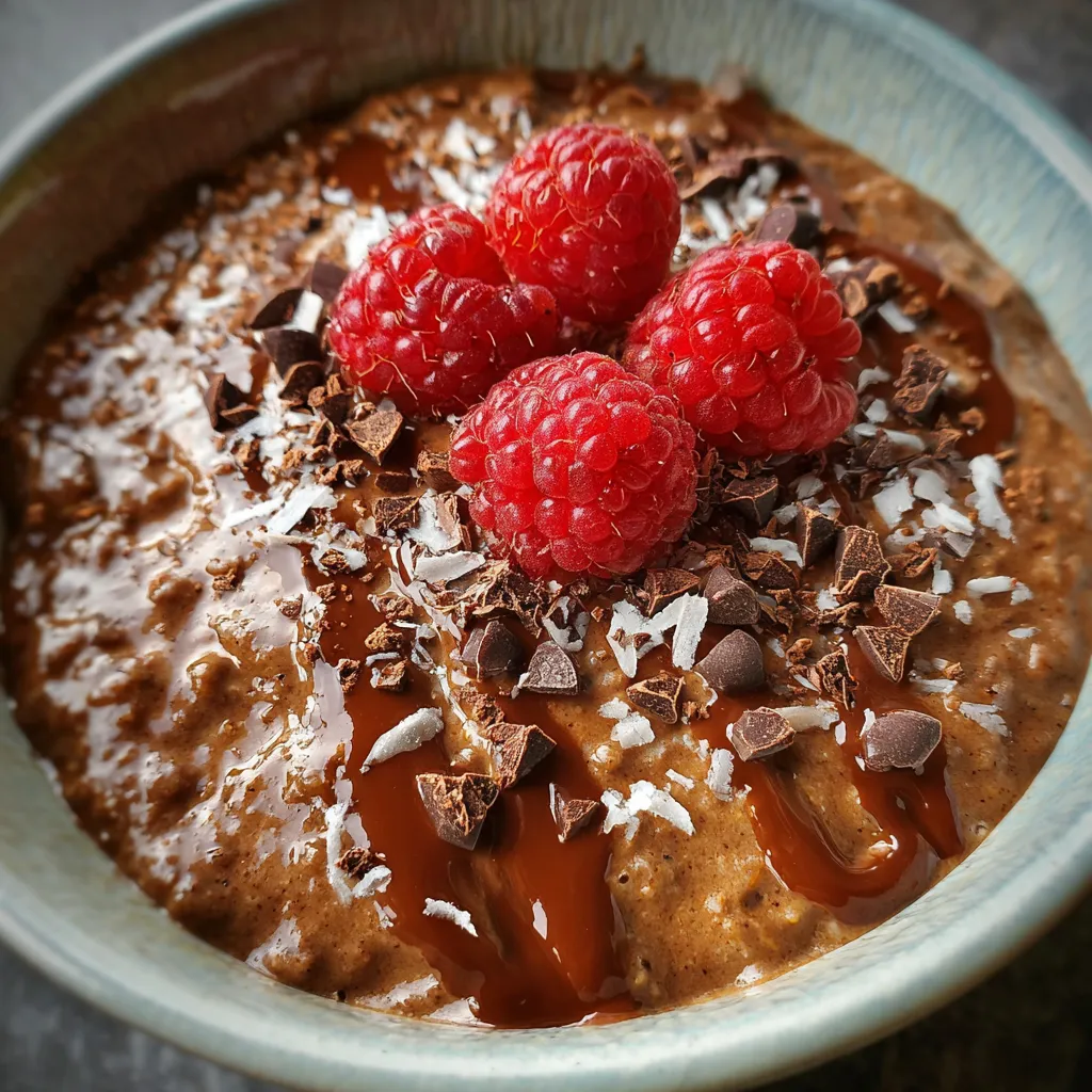 Indulgent chocolate oatmeal breakfast bowl garnished with vibrant red raspberries and coconut flakes