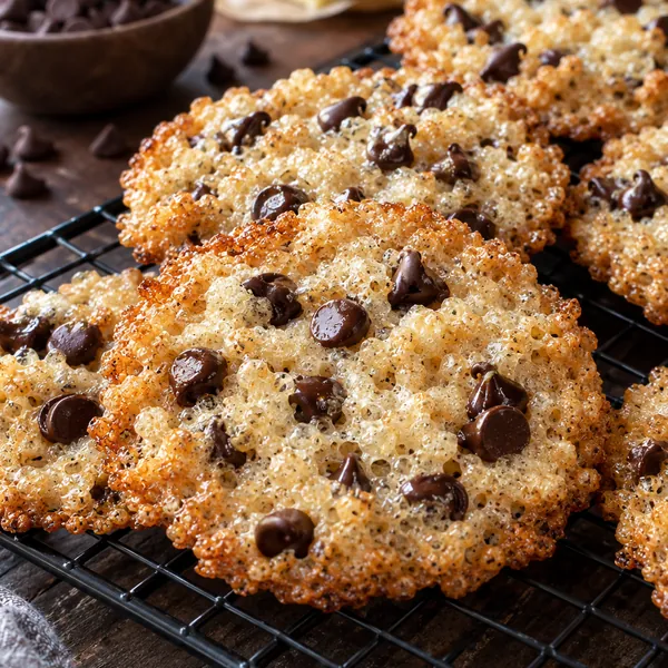 Overhead view of stacked Rice Krispie Chocolate Cookies cooling on a rack