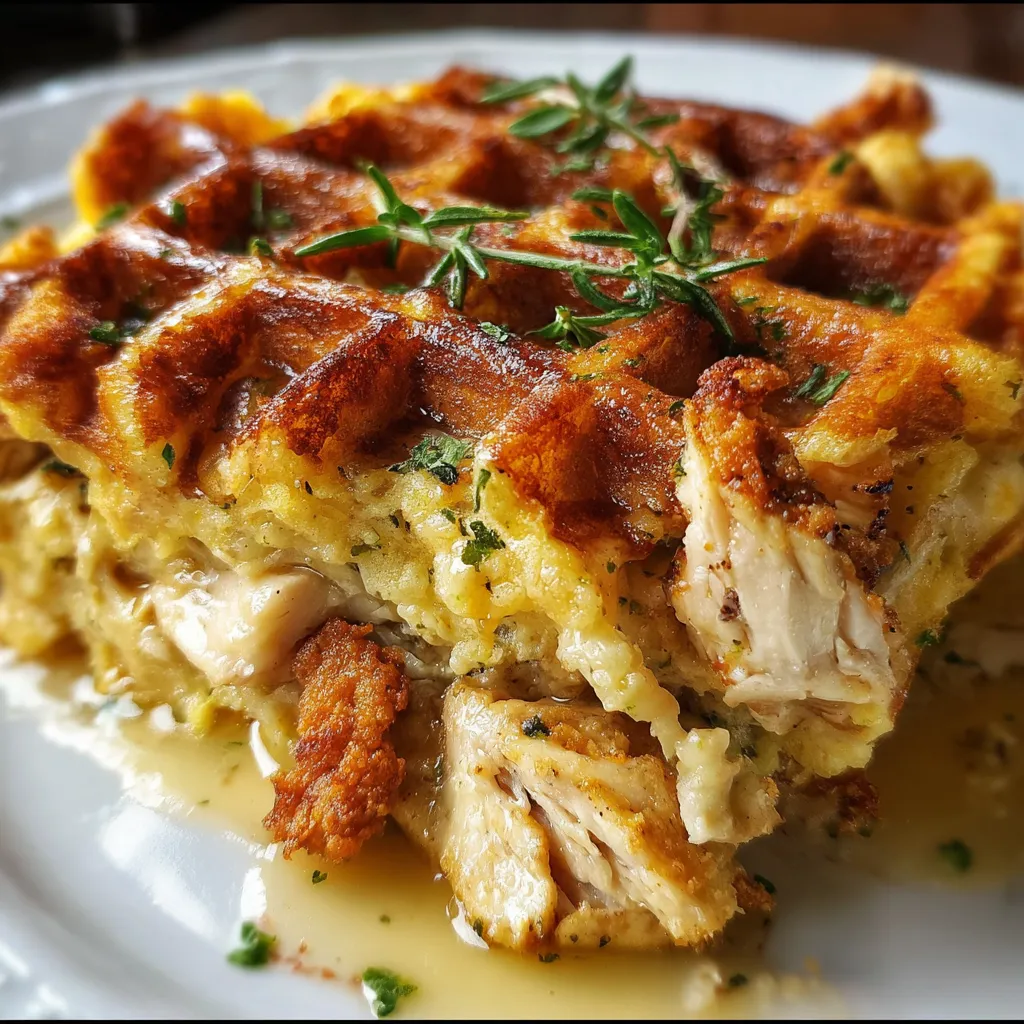 Golden chicken and waffle casserole with fresh herbs and crispy edges on white plate