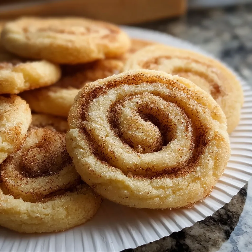 Homemade cinnamon sugar cookies showing beautiful rolled spiral design and golden edges
