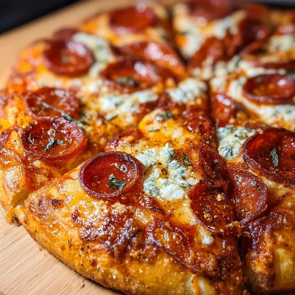 Gourmet pepperoni pizza topped with creamy ricotta, fresh herbs and drizzled with hot honey