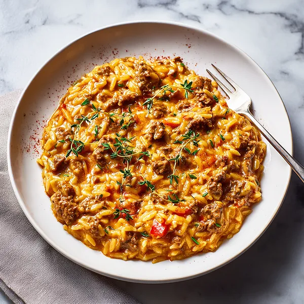 Cheesy Beef Orzo Skillet